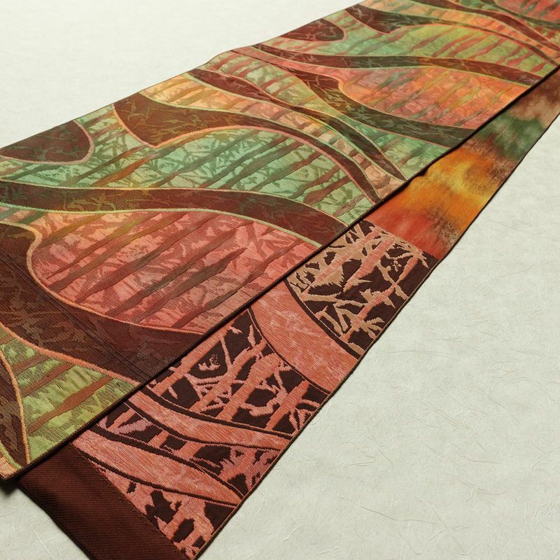 名古屋帯 六通柄 正絹 幾何学柄・抽象柄 通し仕立て 帯 茶_画像7