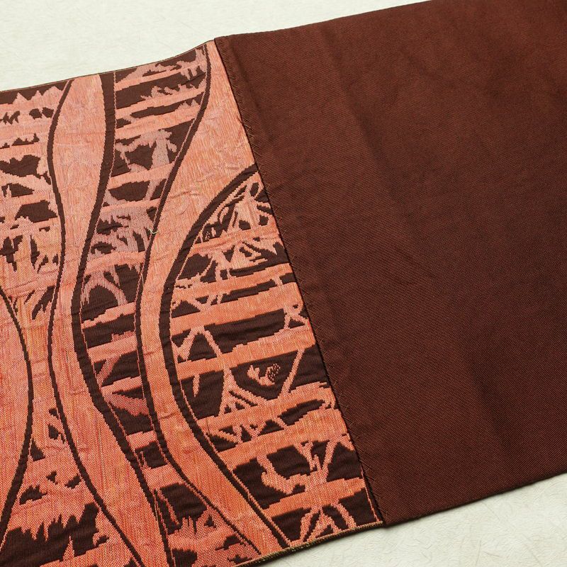 名古屋帯 六通柄 正絹 幾何学柄・抽象柄 通し仕立て 帯 茶_画像18