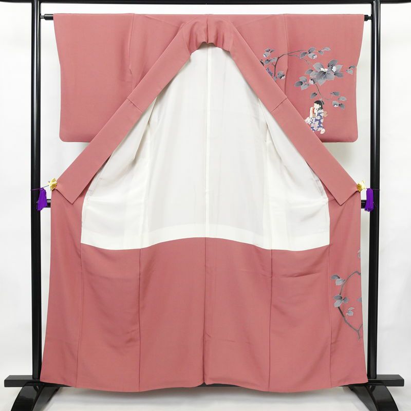 訪問着 落款入り 関口遼一 十日町友禅 一つ紋付き 正絹 人物・動物柄 袷仕立て 身丈159cm 裄丈63.5cm フォーマル 着物 ピンク_画像3