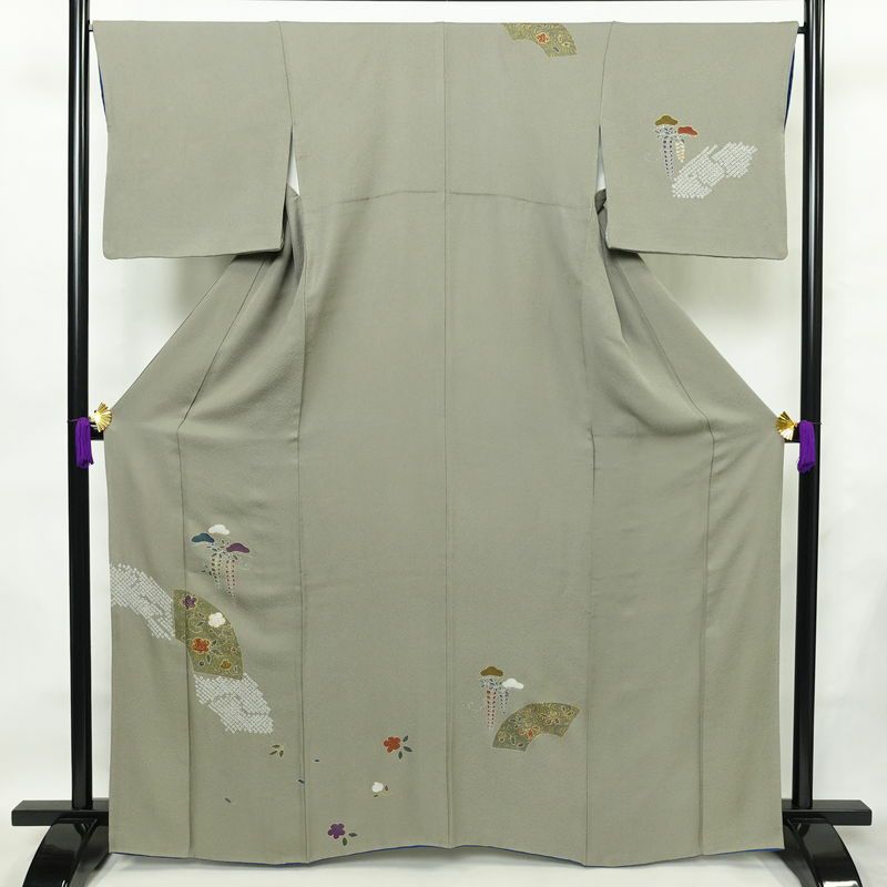 訪問着 正絹 古典柄 袷仕立て 身丈164.5cm 裄丈66.5cm 箔 金彩 フォーマル 着物 グレー_画像1