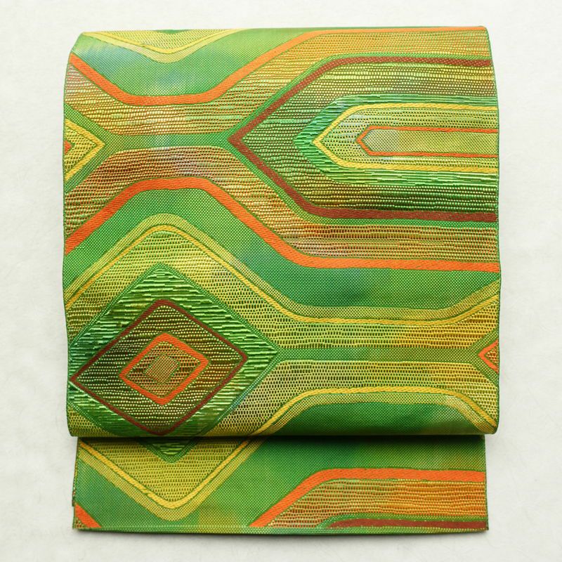 名古屋帯 六通柄 正絹 幾何学柄・抽象柄 松葉仕立て 帯 緑・うぐいす色_画像1