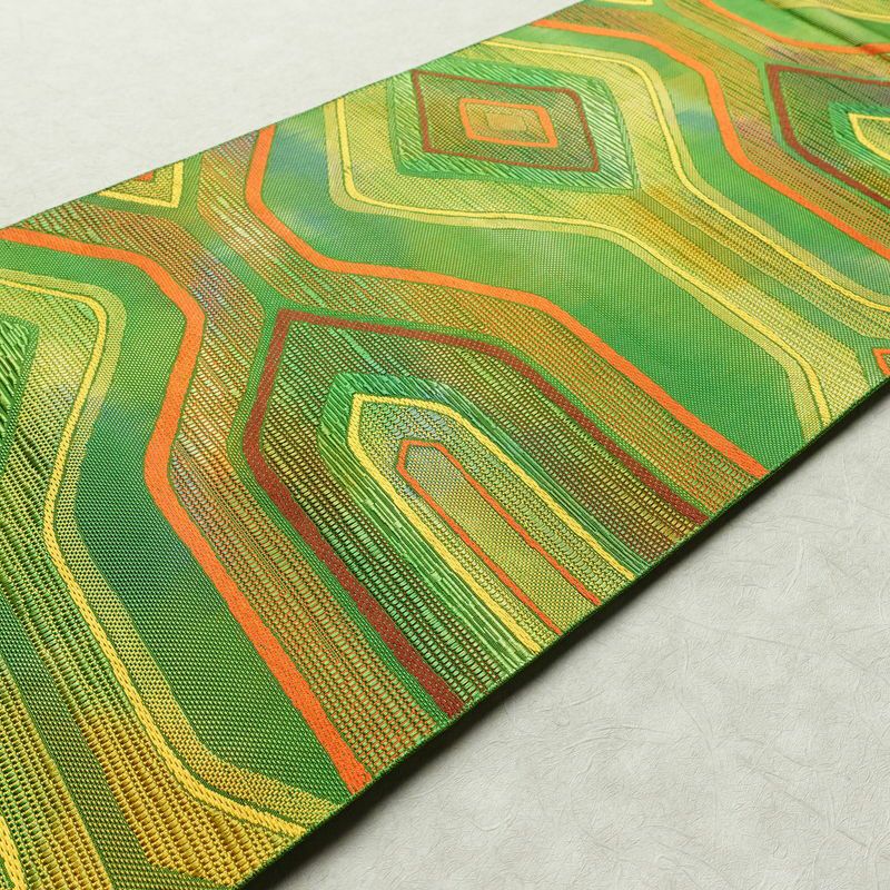 名古屋帯 六通柄 正絹 幾何学柄・抽象柄 松葉仕立て 帯 緑・うぐいす色_画像11