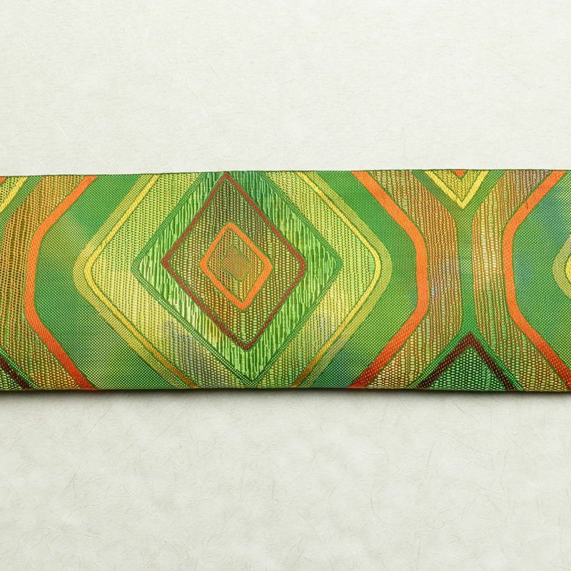 名古屋帯 六通柄 正絹 幾何学柄・抽象柄 松葉仕立て 帯 緑・うぐいす色_画像13
