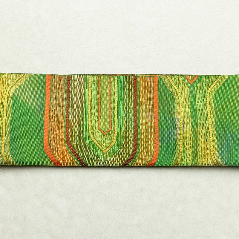 名古屋帯 六通柄 正絹 幾何学柄・抽象柄 松葉仕立て 帯 緑・うぐいす色_画像14