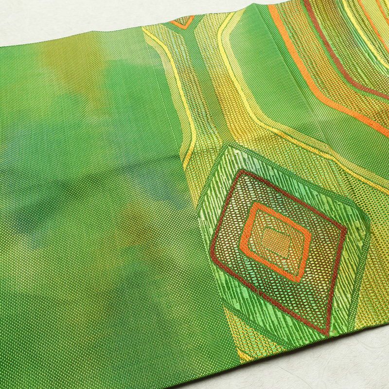 名古屋帯 六通柄 正絹 幾何学柄・抽象柄 松葉仕立て 帯 緑・うぐいす色_画像15