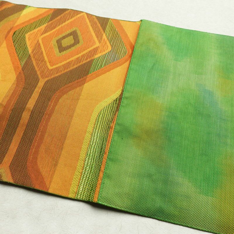 名古屋帯 六通柄 正絹 幾何学柄・抽象柄 松葉仕立て 帯 緑・うぐいす色_画像18