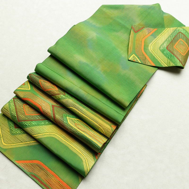 名古屋帯 六通柄 正絹 幾何学柄・抽象柄 松葉仕立て 帯 緑・うぐいす色_画像20