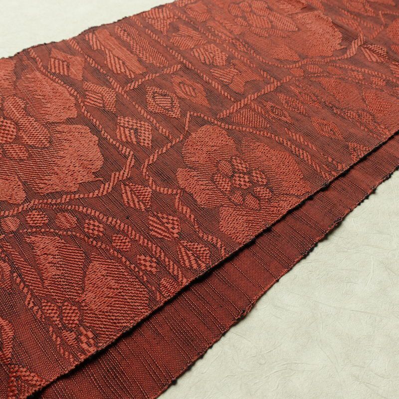名古屋帯 六通柄 正絹 花柄 通し仕立て 帯 小豆・エンジ_画像12