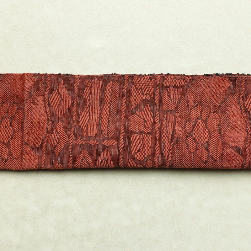 名古屋帯 六通柄 正絹 花柄 通し仕立て 帯 小豆・エンジ_画像15