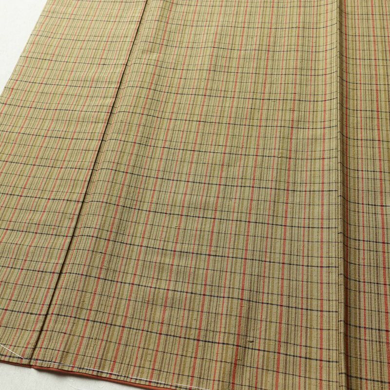紬 良品 しつけ糸付き 正絹 チェック・格子柄 袷仕立て 身丈166.5cm 裄丈67cm 着物 黄・黄土色_画像4