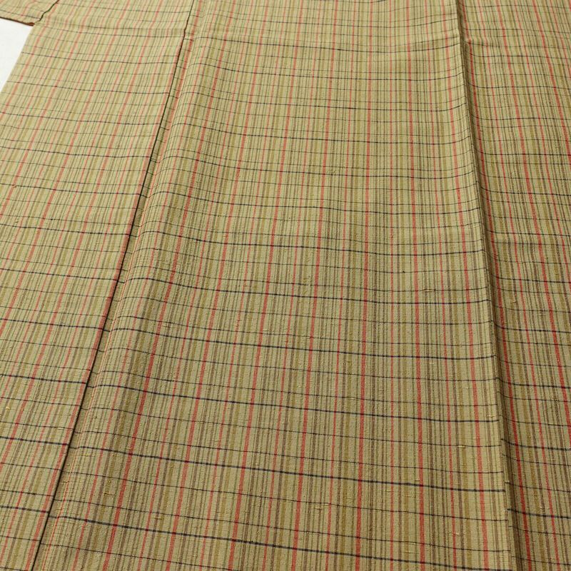 紬 良品 しつけ糸付き 正絹 チェック・格子柄 袷仕立て 身丈166.5cm 裄丈67cm 着物 黄・黄土色_画像5