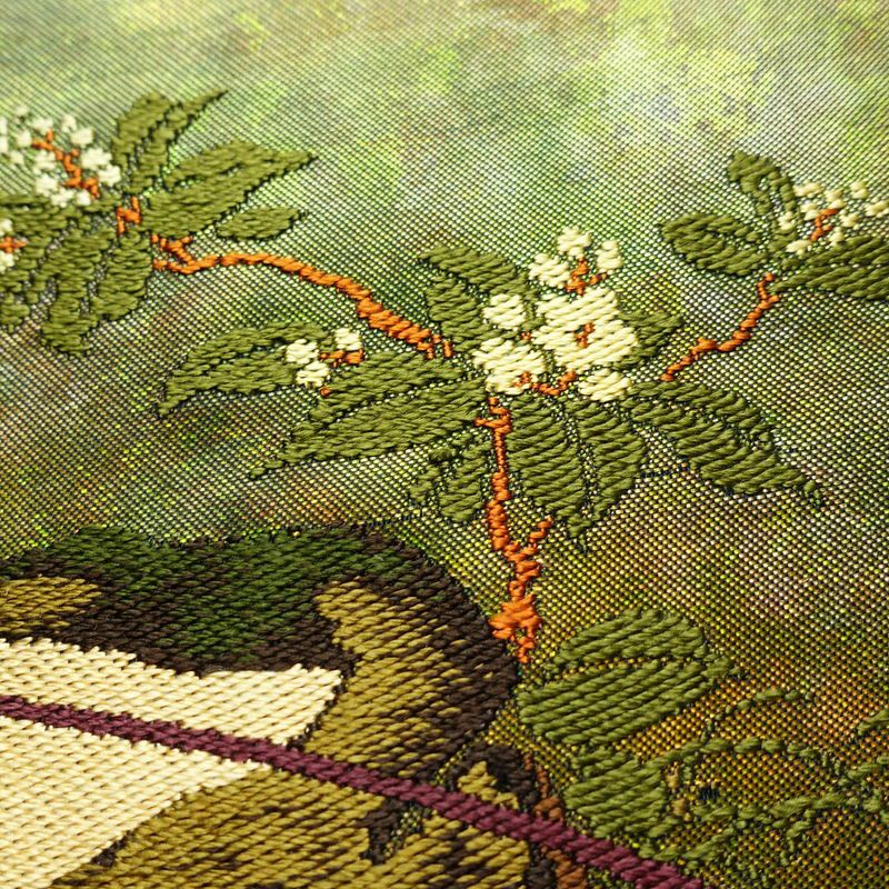 名古屋帯 太鼓柄 良品 正絹 風景柄 名古屋仕立て 箔 帯 緑・うぐいす色_画像3