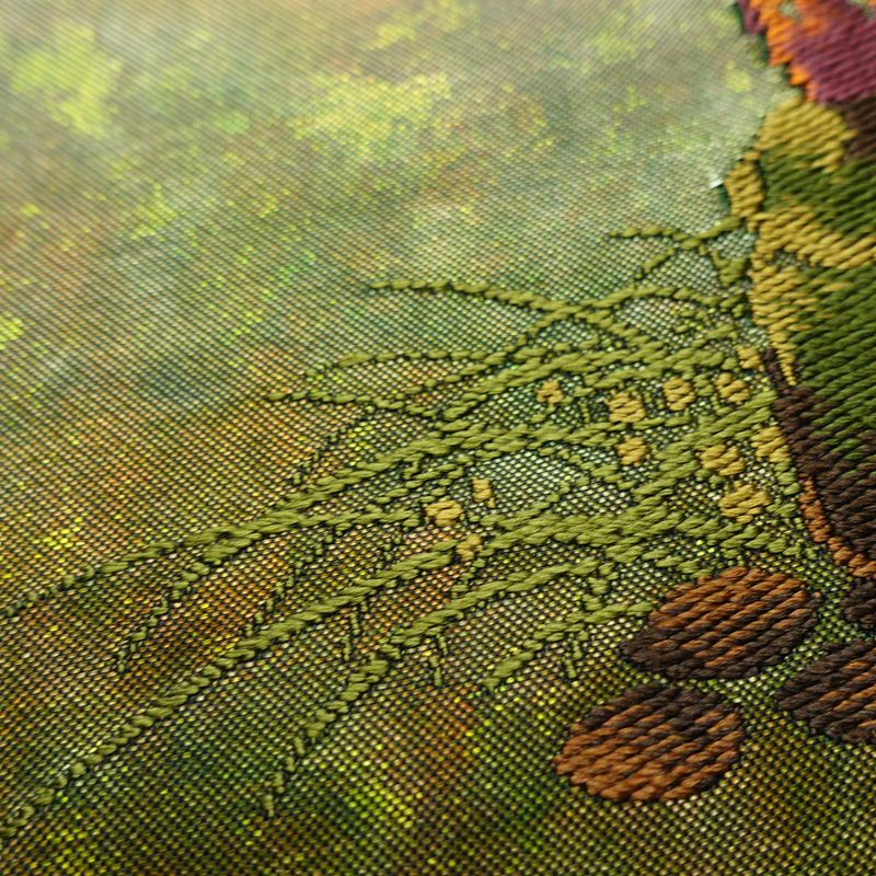 名古屋帯 太鼓柄 良品 正絹 風景柄 名古屋仕立て 箔 帯 緑・うぐいす色_画像6