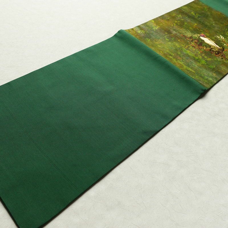 名古屋帯 太鼓柄 良品 正絹 風景柄 名古屋仕立て 箔 帯 緑・うぐいす色_画像9