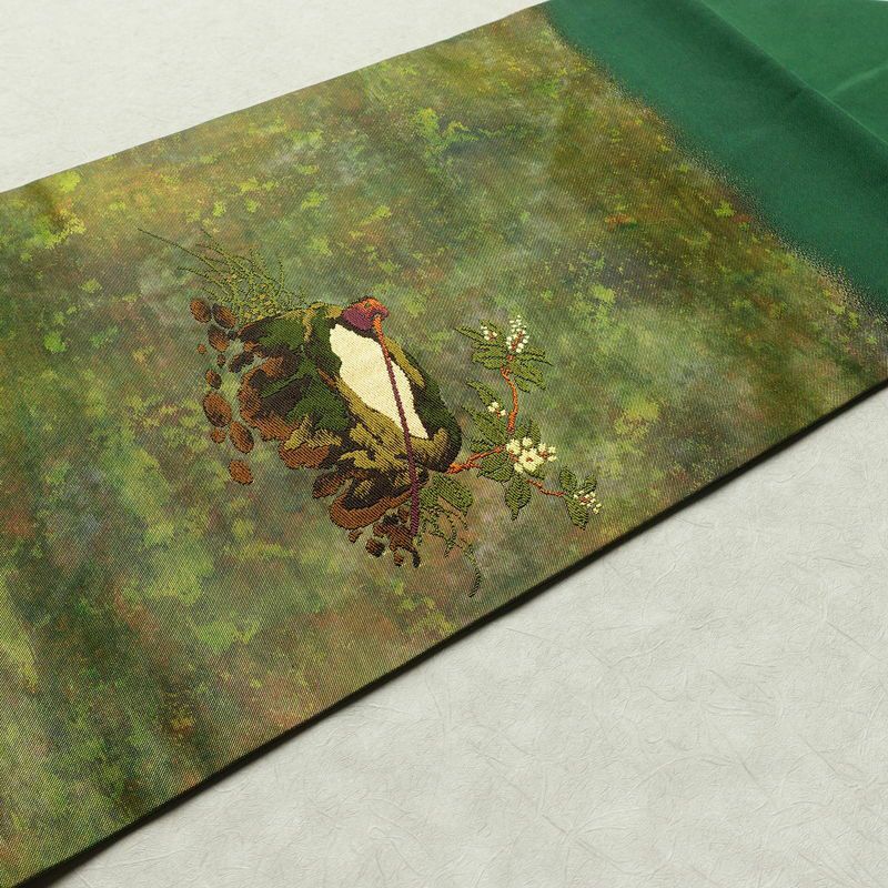 名古屋帯 太鼓柄 良品 正絹 風景柄 名古屋仕立て 箔 帯 緑・うぐいす色_画像12