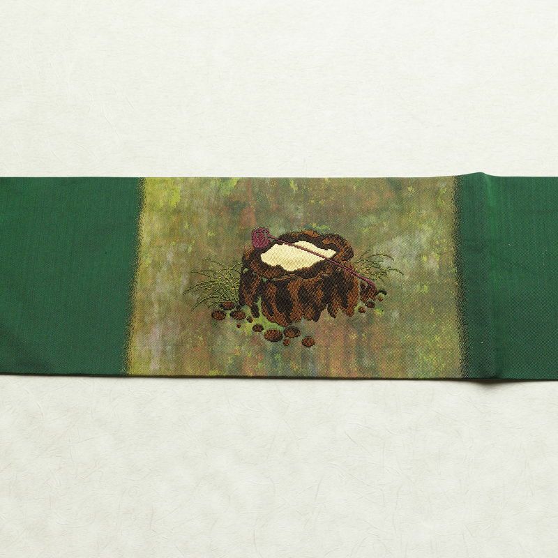 名古屋帯 太鼓柄 良品 正絹 風景柄 名古屋仕立て 箔 帯 緑・うぐいす色_画像14