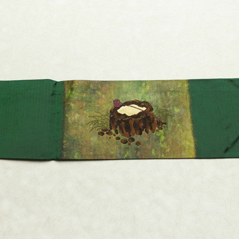 名古屋帯 太鼓柄 良品 正絹 風景柄 名古屋仕立て 箔 帯 緑・うぐいす色_画像15