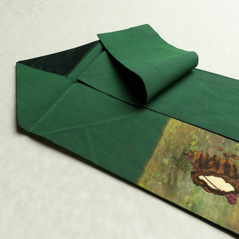 名古屋帯 太鼓柄 良品 正絹 風景柄 名古屋仕立て 箔 帯 緑・うぐいす色_画像21