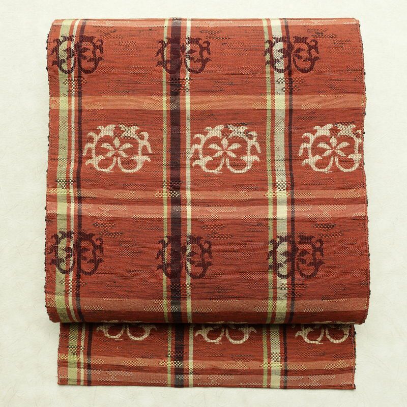 名古屋帯 六通柄 良品 正絹 幾何学柄・抽象柄 通し仕立て 帯 茶_画像1