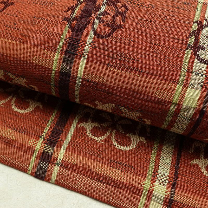 名古屋帯 六通柄 良品 正絹 幾何学柄・抽象柄 通し仕立て 帯 茶_画像6