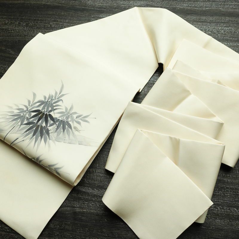 名古屋帯 太鼓柄 内山晴祥 落款入り 正絹 木の葉・植物柄 名古屋仕立て 帯 白_画像18