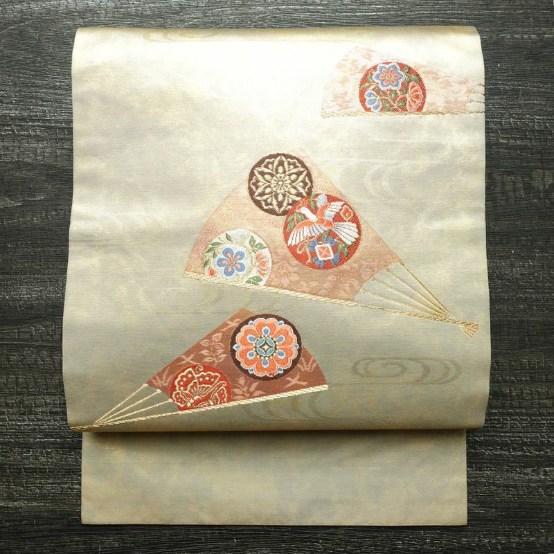 名古屋帯 太鼓柄 正絹 古典柄 名古屋仕立て 箔 金糸 帯 扇子 白_画像1