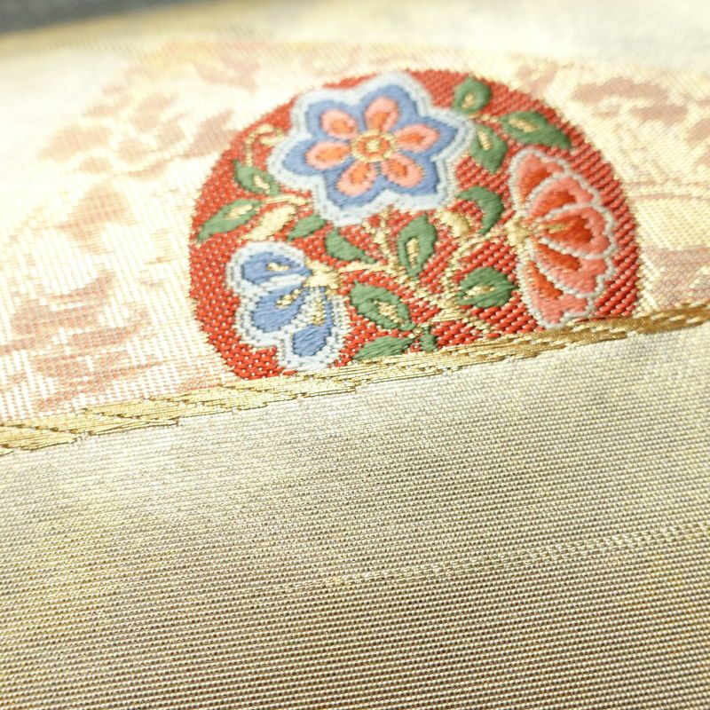 名古屋帯 太鼓柄 正絹 古典柄 名古屋仕立て 箔 金糸 帯 扇子 白_画像5