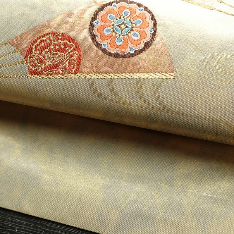 名古屋帯 太鼓柄 正絹 古典柄 名古屋仕立て 箔 金糸 帯 扇子 白_画像6