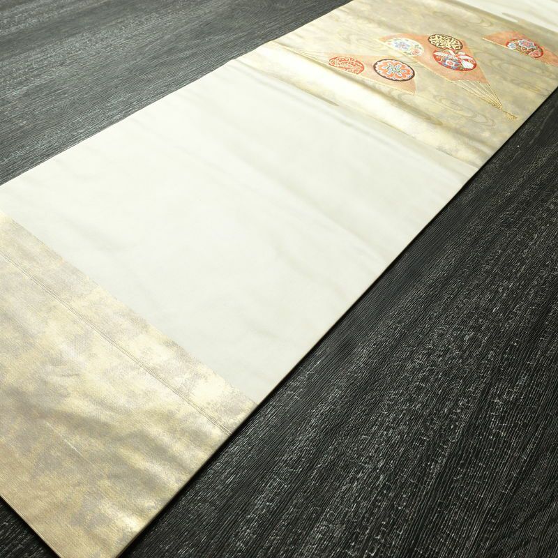 名古屋帯 太鼓柄 正絹 古典柄 名古屋仕立て 箔 金糸 帯 扇子 白_画像7