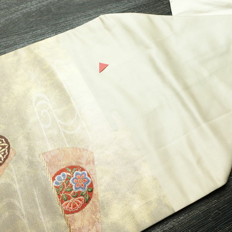 名古屋帯 太鼓柄 正絹 古典柄 名古屋仕立て 箔 金糸 帯 扇子 白_画像11