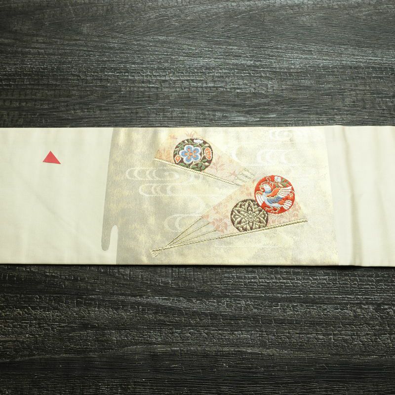 名古屋帯 太鼓柄 正絹 古典柄 名古屋仕立て 箔 金糸 帯 扇子 白_画像13