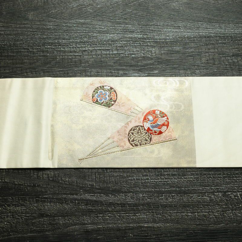 名古屋帯 太鼓柄 正絹 古典柄 名古屋仕立て 箔 金糸 帯 扇子 白_画像15