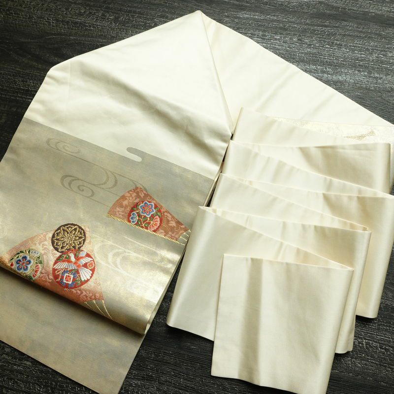 名古屋帯 太鼓柄 正絹 古典柄 名古屋仕立て 箔 金糸 帯 扇子 白_画像18