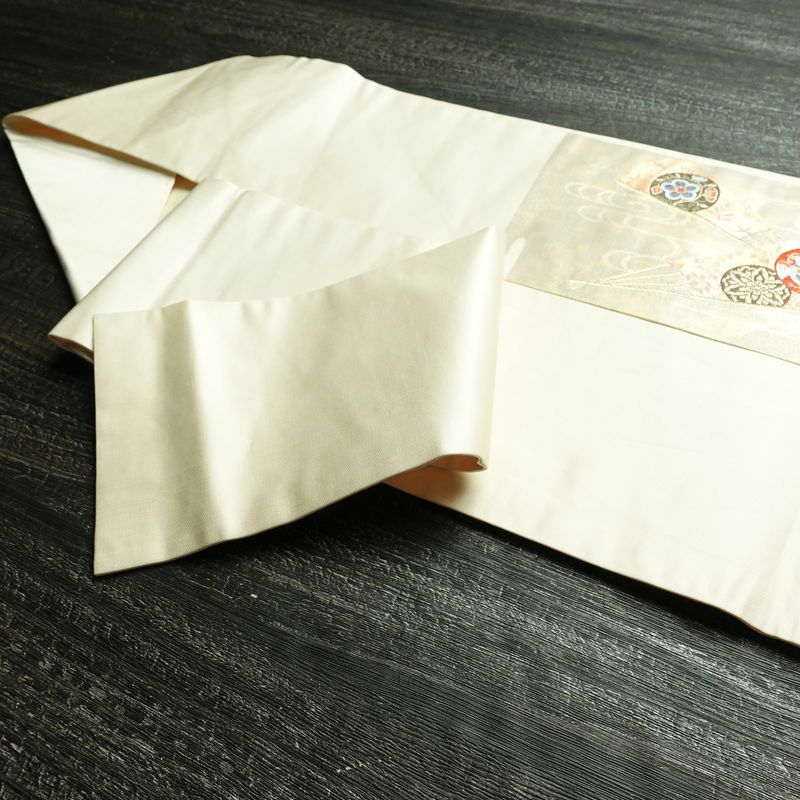 名古屋帯 太鼓柄 正絹 古典柄 名古屋仕立て 箔 金糸 帯 扇子 白_画像21