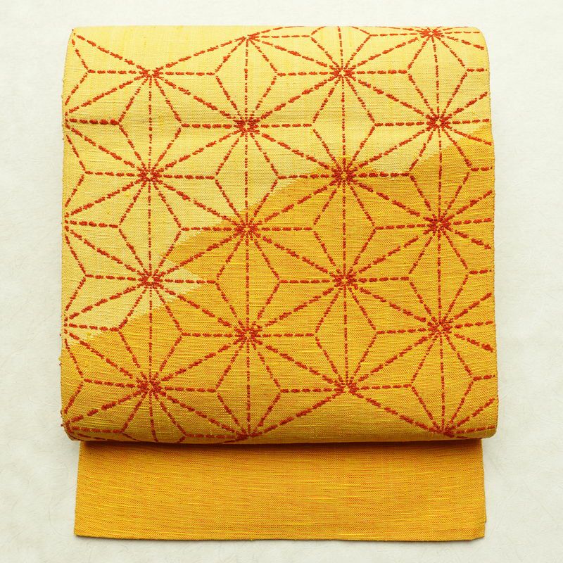 名古屋帯 太鼓柄 良品 正絹 麻の葉柄 松葉仕立て 帯 黄・黄土色_画像1