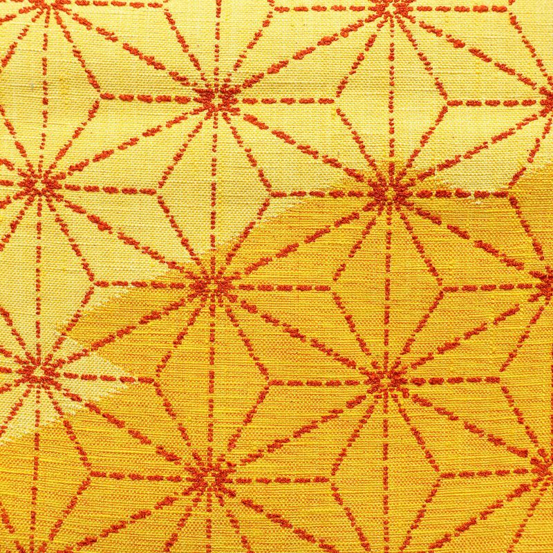 名古屋帯 太鼓柄 良品 正絹 麻の葉柄 松葉仕立て 帯 黄・黄土色_画像2