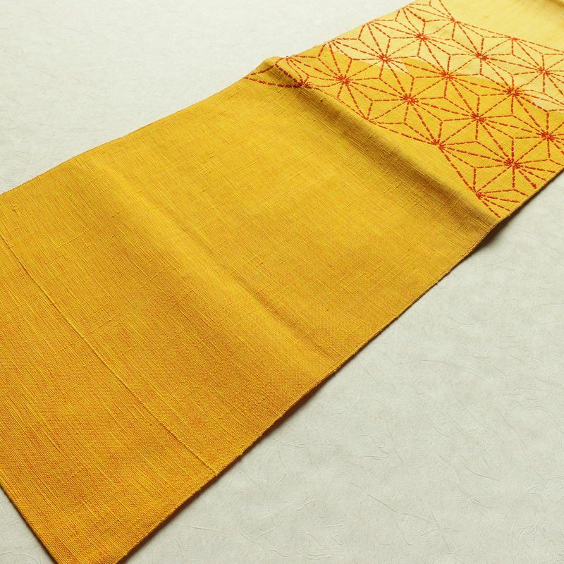 名古屋帯 太鼓柄 良品 正絹 麻の葉柄 松葉仕立て 帯 黄・黄土色_画像8