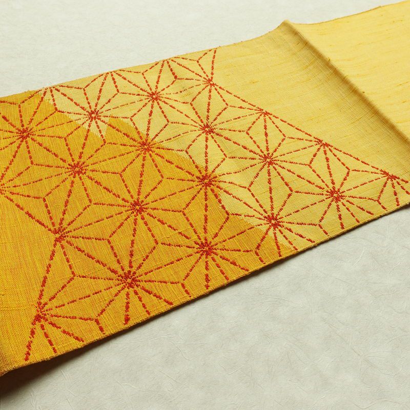名古屋帯 太鼓柄 良品 正絹 麻の葉柄 松葉仕立て 帯 黄・黄土色_画像11