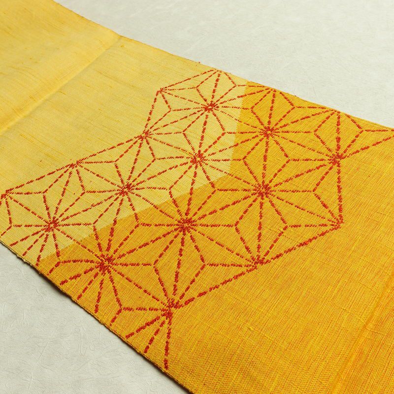 名古屋帯 太鼓柄 良品 正絹 麻の葉柄 松葉仕立て 帯 黄・黄土色_画像13