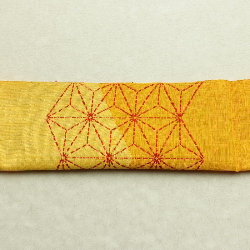 名古屋帯 太鼓柄 良品 正絹 麻の葉柄 松葉仕立て 帯 黄・黄土色_画像14