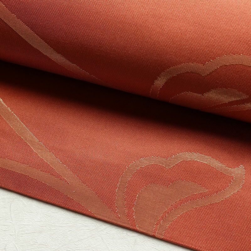 名古屋帯 六通柄 美品 正絹 木の葉・植物柄 名古屋仕立て 箔 帯 サーモンピンク ピンク_画像7