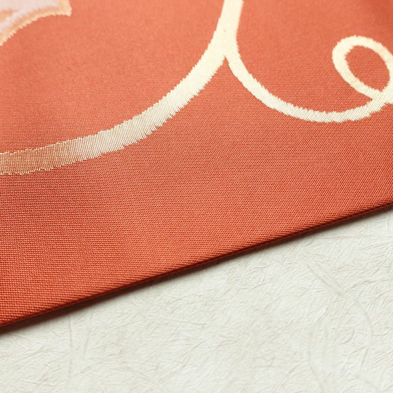 名古屋帯 六通柄 美品 正絹 木の葉・植物柄 名古屋仕立て 箔 帯 サーモンピンク ピンク_画像12