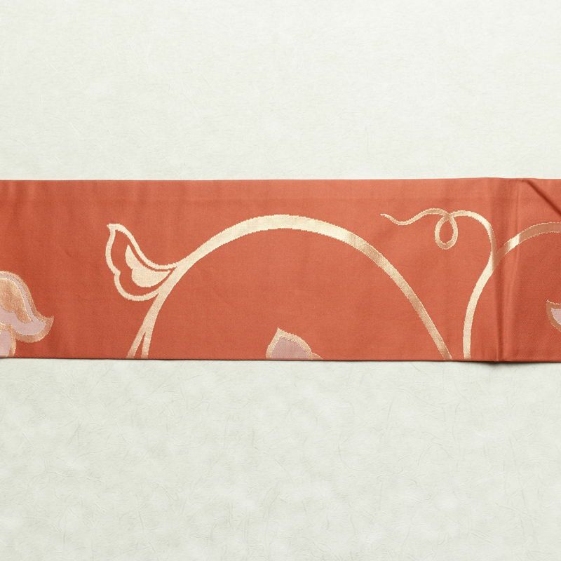 名古屋帯 六通柄 美品 正絹 木の葉・植物柄 名古屋仕立て 箔 帯 サーモンピンク ピンク_画像14