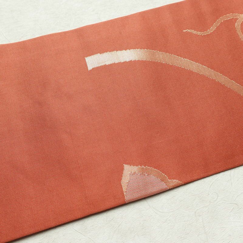 名古屋帯 六通柄 美品 正絹 木の葉・植物柄 名古屋仕立て 箔 帯 サーモンピンク ピンク_画像15