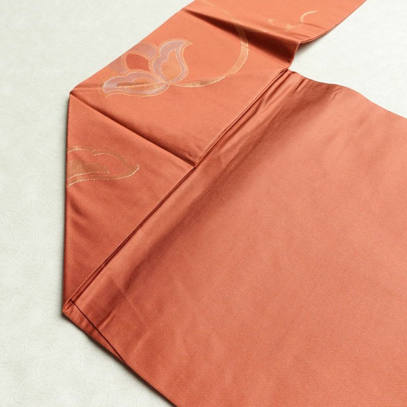 名古屋帯 六通柄 美品 正絹 木の葉・植物柄 名古屋仕立て 箔 帯 サーモンピンク ピンク_画像19