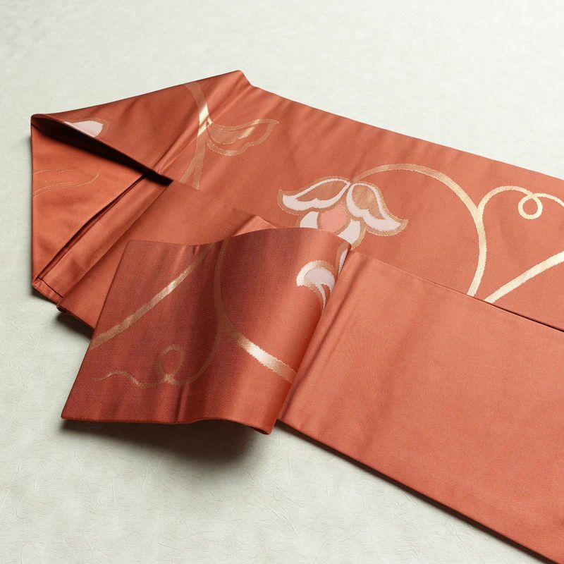 名古屋帯 六通柄 美品 正絹 木の葉・植物柄 名古屋仕立て 箔 帯 サーモンピンク ピンク_画像21