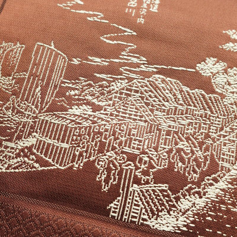 名古屋帯 六通柄 正絹 風景柄 松葉仕立て 帯 茶_画像3