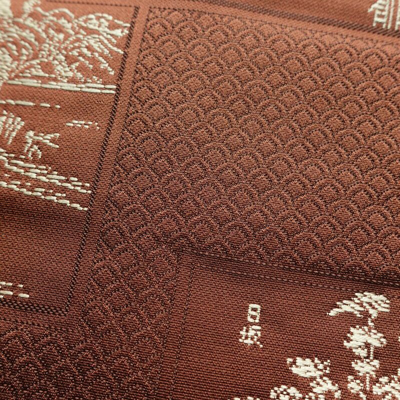 名古屋帯 六通柄 正絹 風景柄 松葉仕立て 帯 茶_画像6