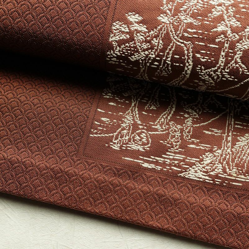 名古屋帯 六通柄 正絹 風景柄 松葉仕立て 帯 茶_画像7