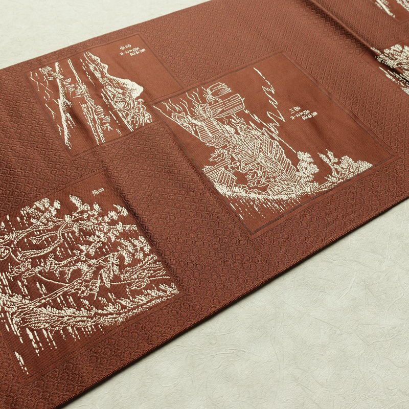 名古屋帯 六通柄 正絹 風景柄 松葉仕立て 帯 茶_画像11